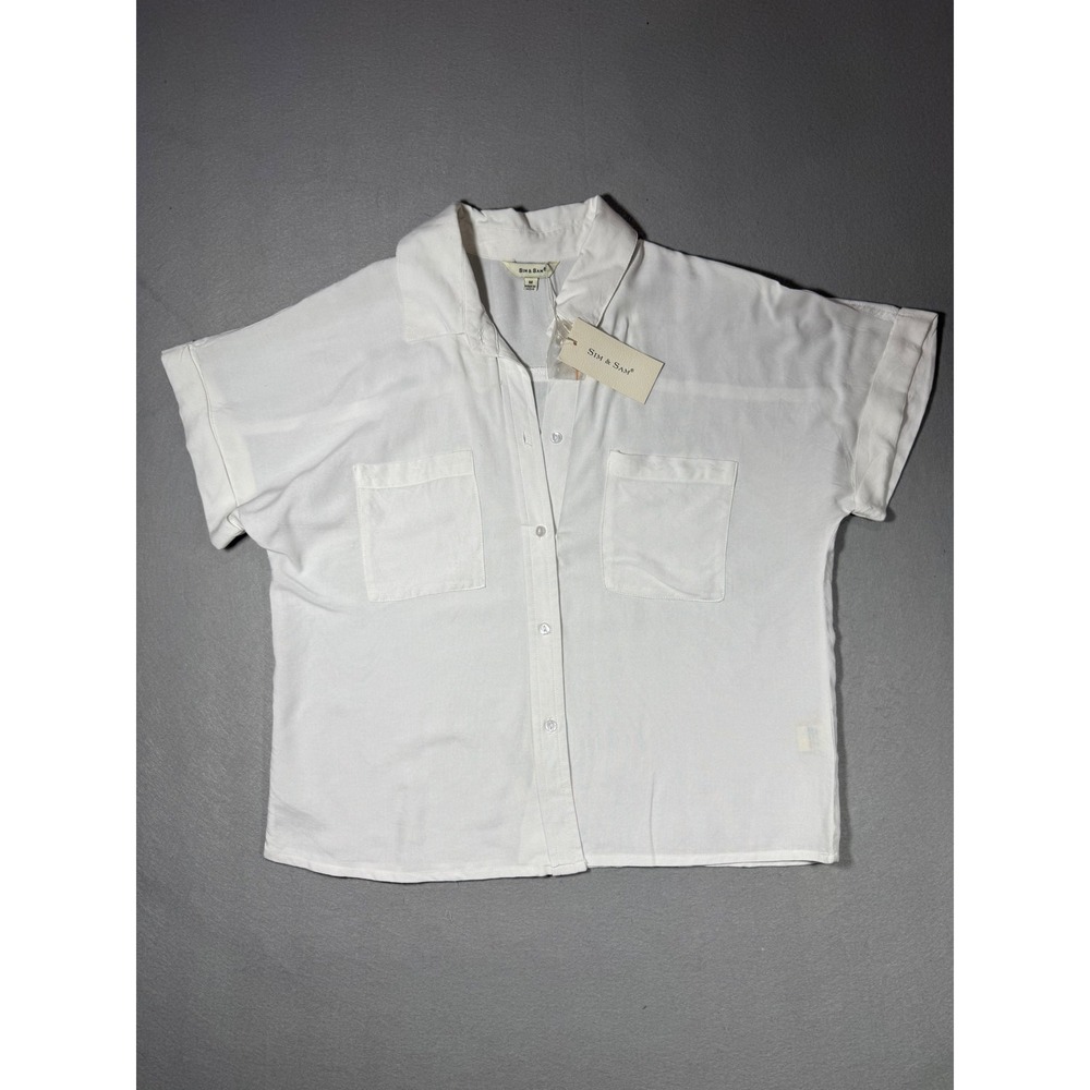 Sim & Sam Womens White Rayon Short Sleeve Button Up Shirt Top Size M Style 578
